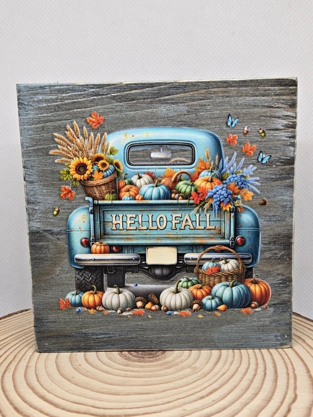 Handcrafted Decor, Mini Wood Sign, Blue Vintage Truck & Pumpkins "Hello Fall"